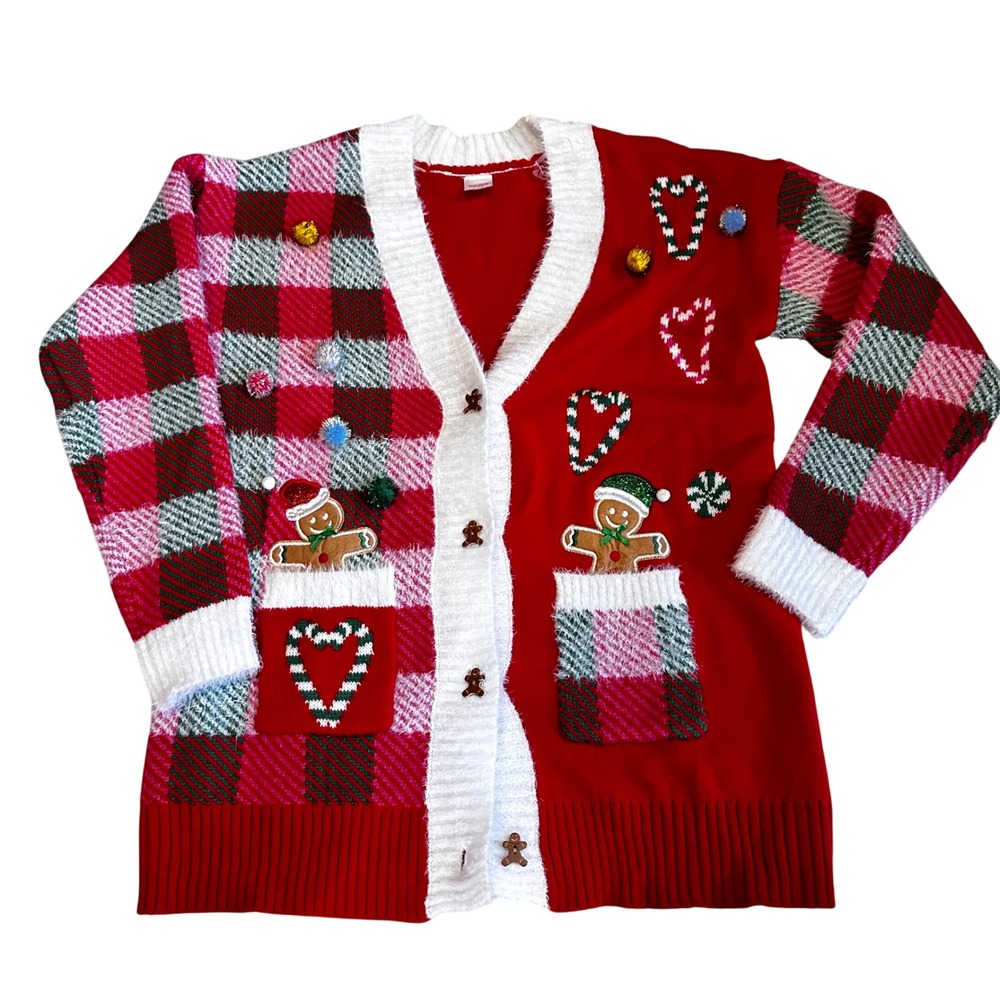 Holiday Time Womens Christmas Cardigan Red Plaid Gingerbread Man Butto Sweater M